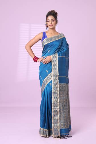 Sapphire blue cotton handspun soft saree with woven fish pattern