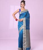 Sapphire blue cotton handspun soft saree with woven fish pattern