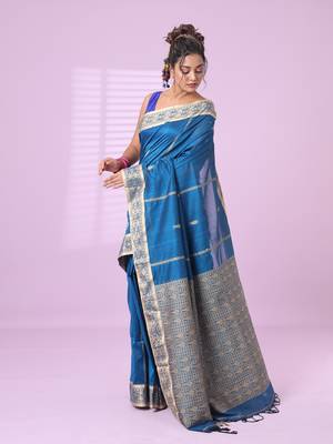 Sapphire blue cotton handspun soft saree with woven fish pattern 2