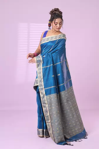 Sapphire blue cotton handspun soft saree with woven fish pattern