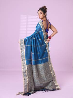 Sapphire blue cotton handspun soft saree with woven fish pattern 3