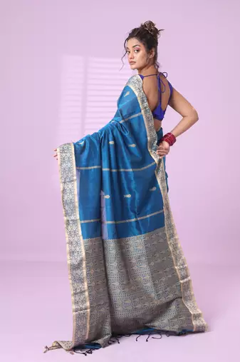 Sapphire blue cotton handspun soft saree with woven fish pattern