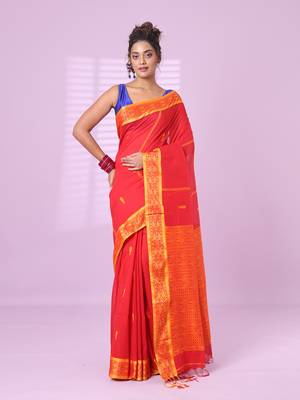 Red cotton handspun soft saree with woven fish pattern 1
