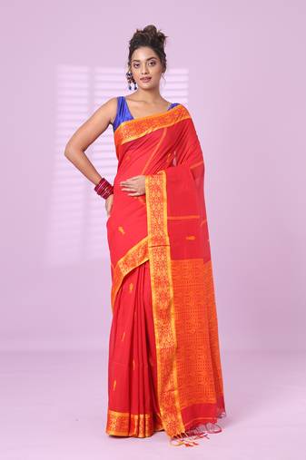 Red cotton handspun soft saree with woven fish pattern