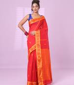 Red cotton handspun soft saree with woven fish pattern