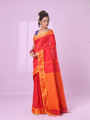 Red cotton handspun soft saree with woven fish pattern 2