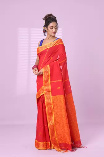Red cotton handspun soft saree with woven fish pattern
