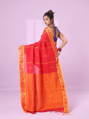 Red cotton handspun soft saree with woven fish pattern 3