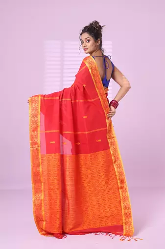 Red cotton handspun soft saree with woven fish pattern