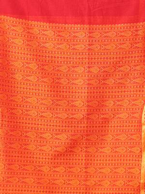 Red cotton handspun soft saree with woven fish pattern 4