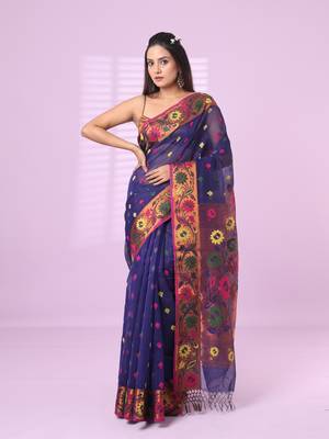 Violet texture motifs cotton silk saree with floral border 1