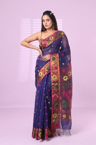 Violet texture motifs cotton silk saree with floral border