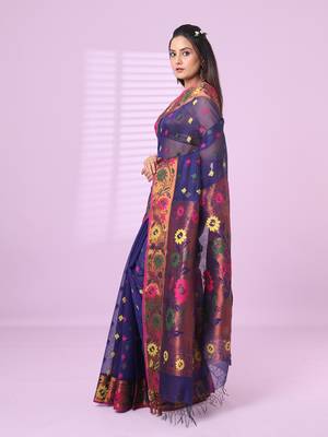 Violet texture motifs cotton silk saree with floral border 2