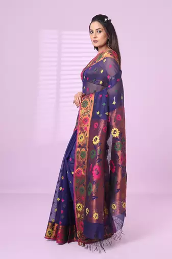 Violet texture motifs cotton silk saree with floral border
