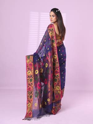 Violet texture motifs cotton silk saree with floral border 3