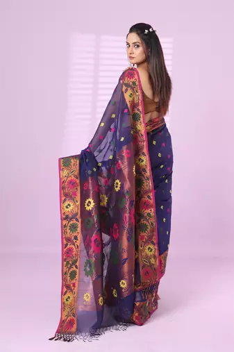 Violet texture motifs cotton silk saree with floral border