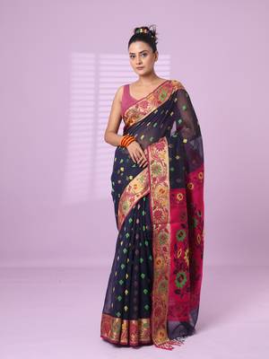 Navy blue texture motifs cotton silk saree with floral border 1
