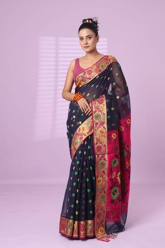 Navy blue texture motifs cotton silk saree with floral border