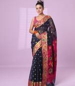 Navy blue texture motifs cotton silk saree with floral border