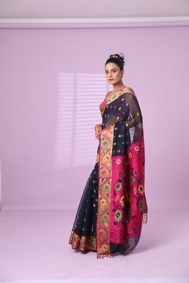 Navy blue texture motifs cotton silk saree with floral border 2