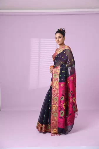 Navy blue texture motifs cotton silk saree with floral border
