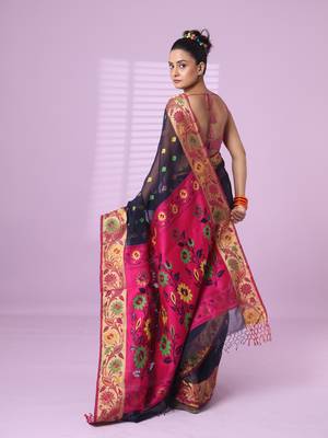Navy blue texture motifs cotton silk saree with floral border 3