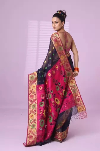 Navy blue texture motifs cotton silk saree with floral border