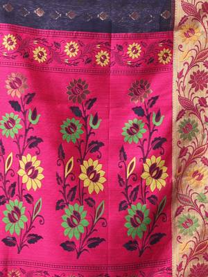 Navy blue texture motifs cotton silk saree with floral border 4