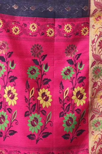 Navy blue texture motifs cotton silk saree with floral border