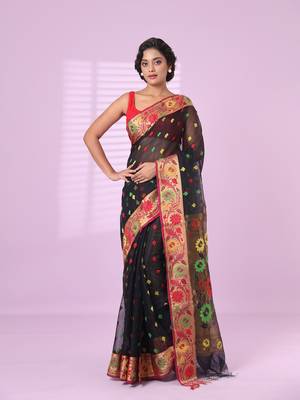 Black texture motifs cotton silk saree with floral border 1