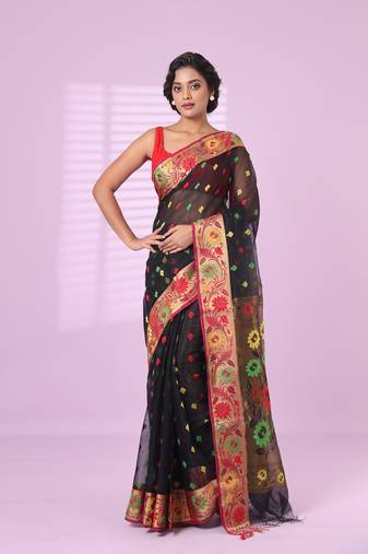 Black texture motifs cotton silk saree with floral border