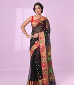 Black texture motifs cotton silk saree with floral border
