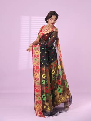 Black texture motifs cotton silk saree with floral border 2