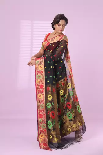 Black texture motifs cotton silk saree with floral border