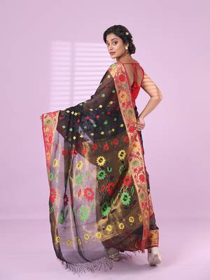 Black texture motifs cotton silk saree with floral border 3