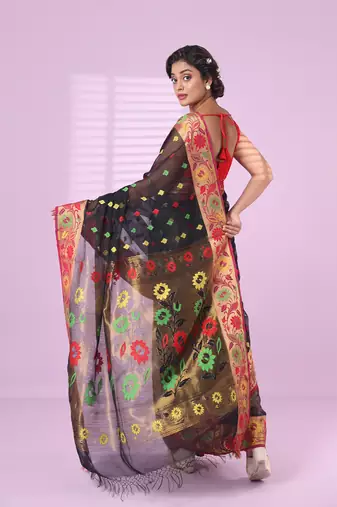 Black texture motifs cotton silk saree with floral border