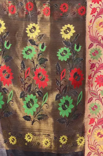 Black texture motifs cotton silk saree with floral border