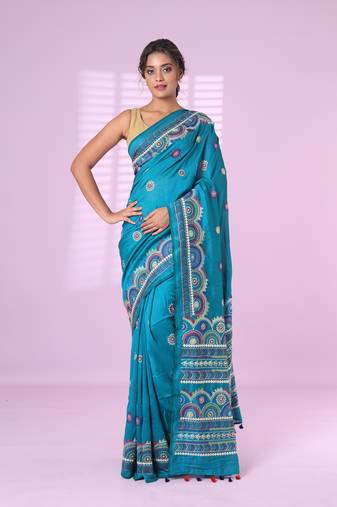 Cobalt blue chiffon georgette soft saree with thread embroidered work