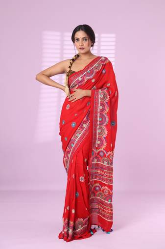 Red chiffon georgette soft saree with thread embroidered work