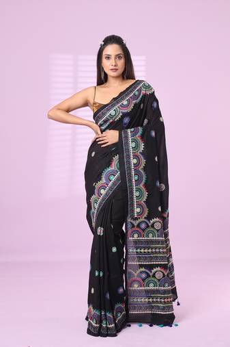 Black chiffon georgette soft saree with thread embroidered work