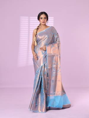 All over zari weaving sky blue brocade silk soft saree 1