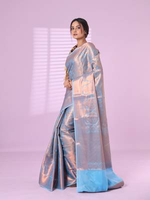 All over zari weaving sky blue brocade silk soft saree 2