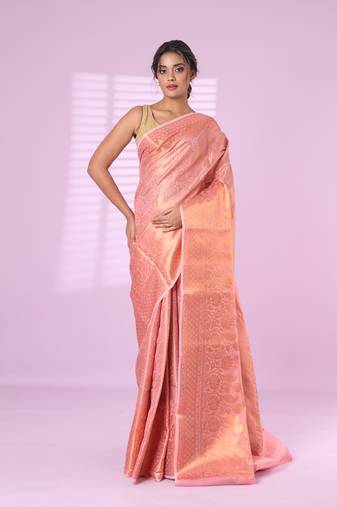 All over zari weaving pink brocade silk soft saree