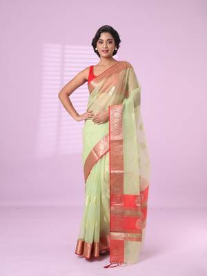 Green organza saree with zari weave border 1
