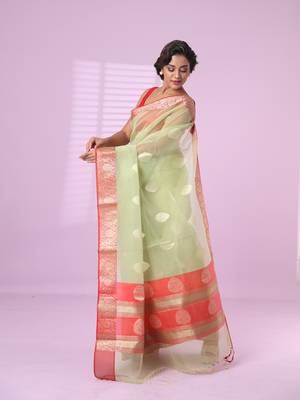 Green organza saree with zari weave border 2