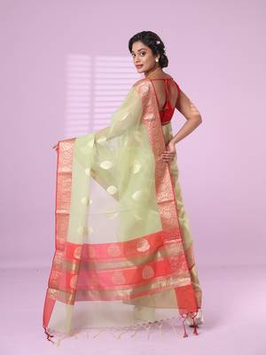 Green organza saree with zari weave border 3