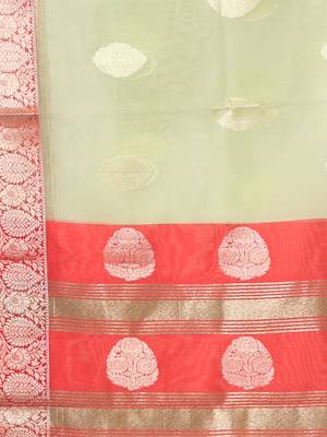 Green organza saree with zari weave border 4