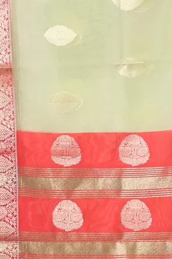 Green organza saree with zari weave border