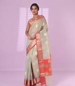 Grey organza saree with zari weave border