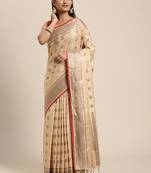 Beige Zari Woven Design Faux Banarasi Pure Cotton Traditional Saree